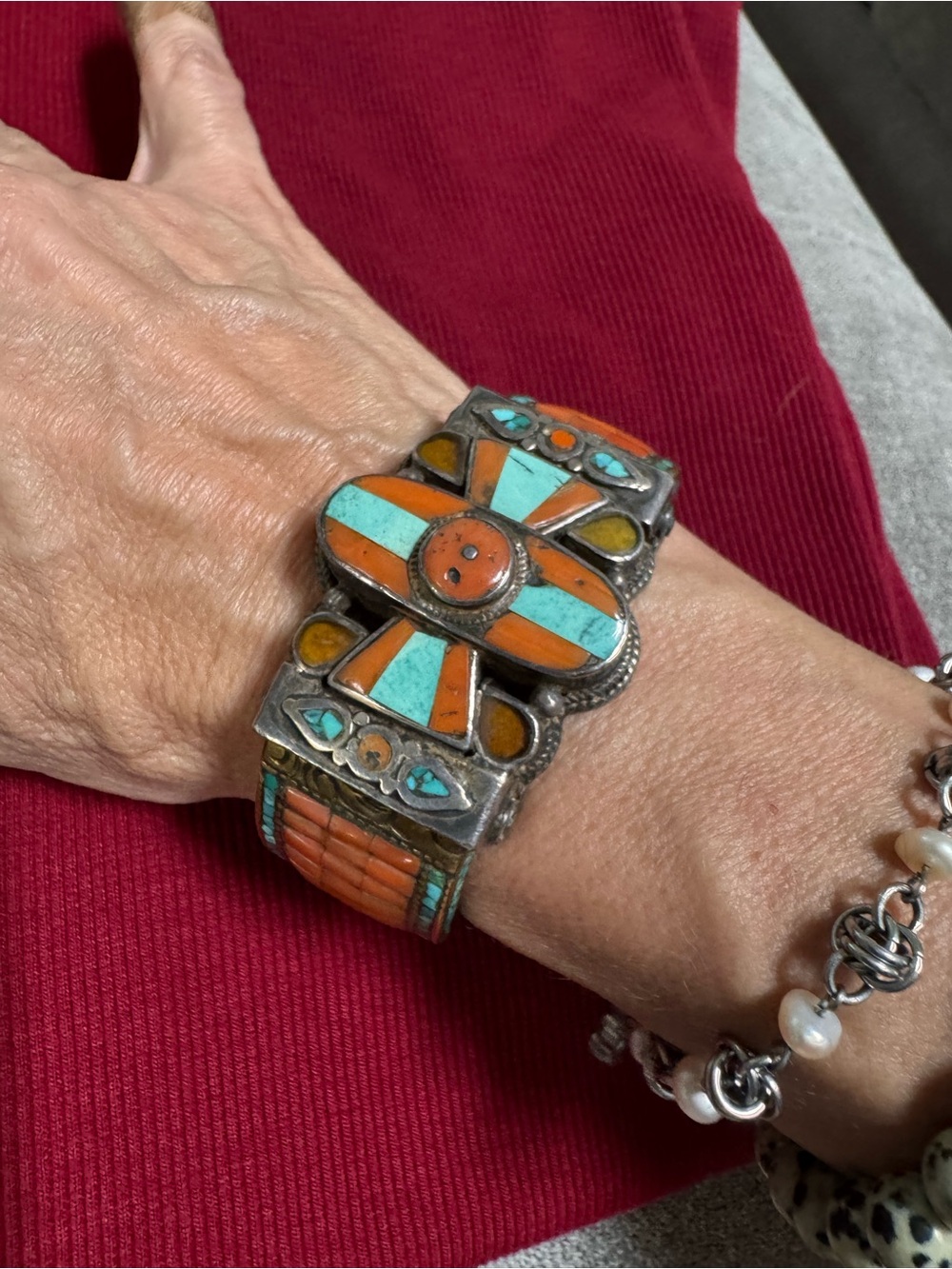 Nepalese Silvered Metal Hinged Open Cuff Turquoise, Coral, yellow glass 7.5